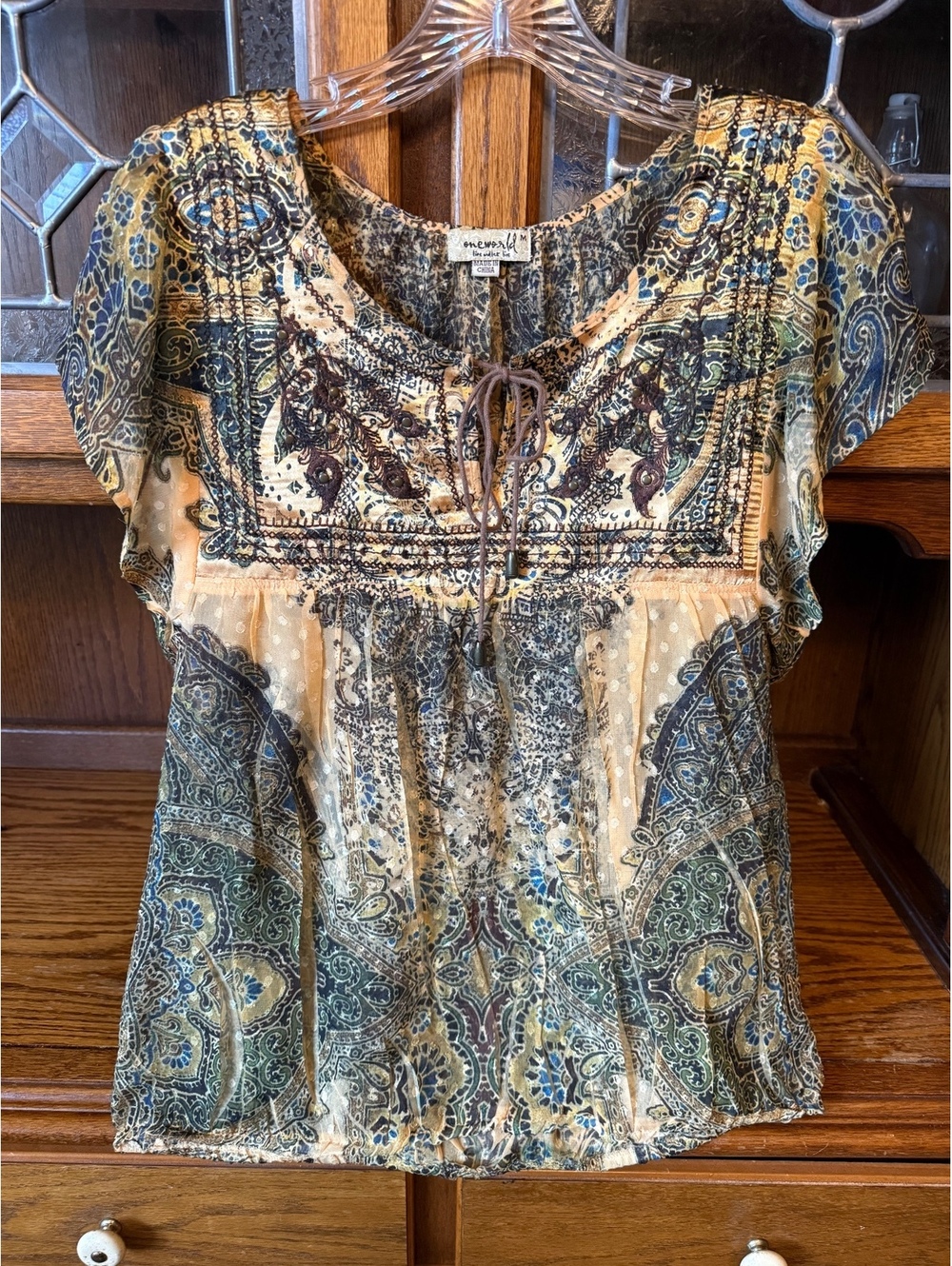 Y2K One World Live and Let Live Paisley Embroidered Studded Boho Babydoll Top M